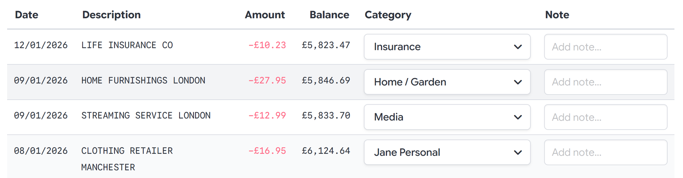 NumeroMoney bank statement transaction categorisation UI
