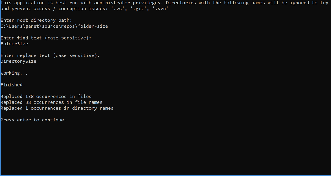 .NET Project Rename Tool Console Output