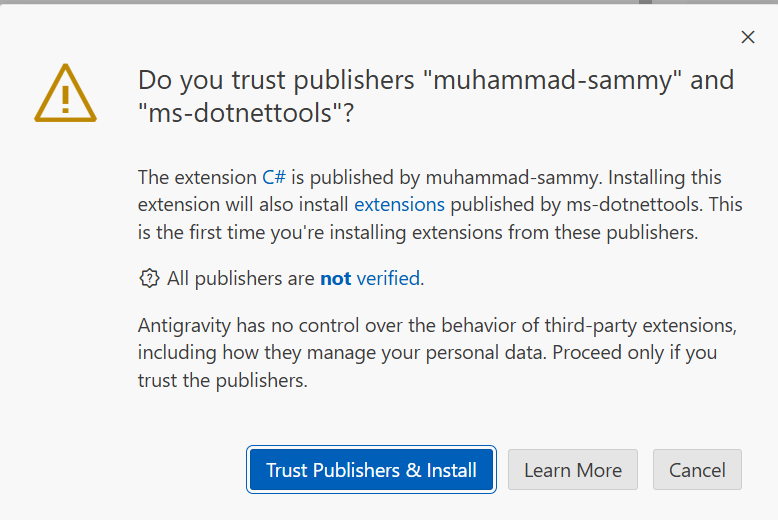 C# extension installation warning