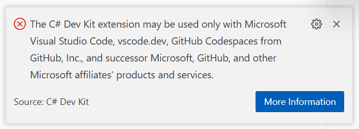C# Dev Kit not available outside of VSCode warning
